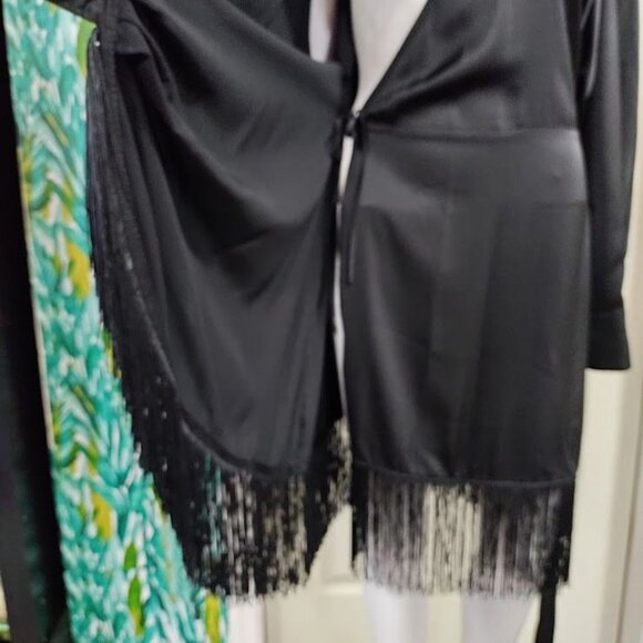 H&M Fringe-Trimmed Satin Surplice Whimsy Boho Festival Wrap Dress Black Medium - Picture 6 of 11
